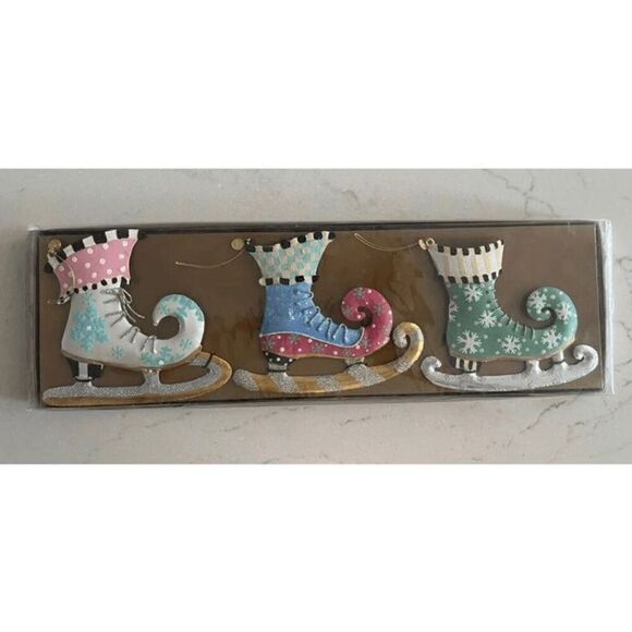 NIB Mackenzie Childs Home Sweet Snow Skate Ornaments Set Of 3 - Picture 1 of 2
